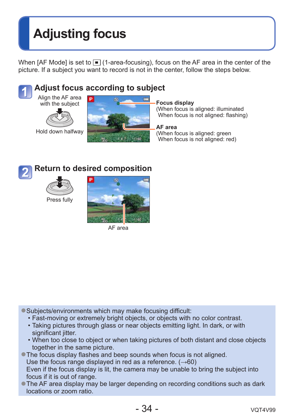 Adjusting focus | Panasonic DMC-LZ30K User Manual | Page 34 / 128