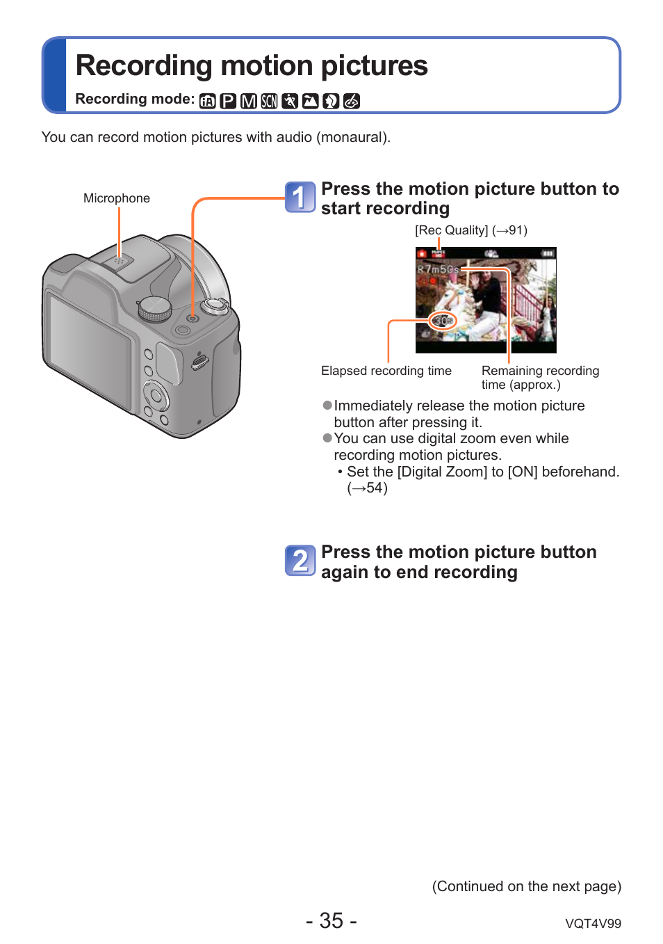 Recording motion pictures | Panasonic DMC-LZ30K User Manual | Page 35 / 128