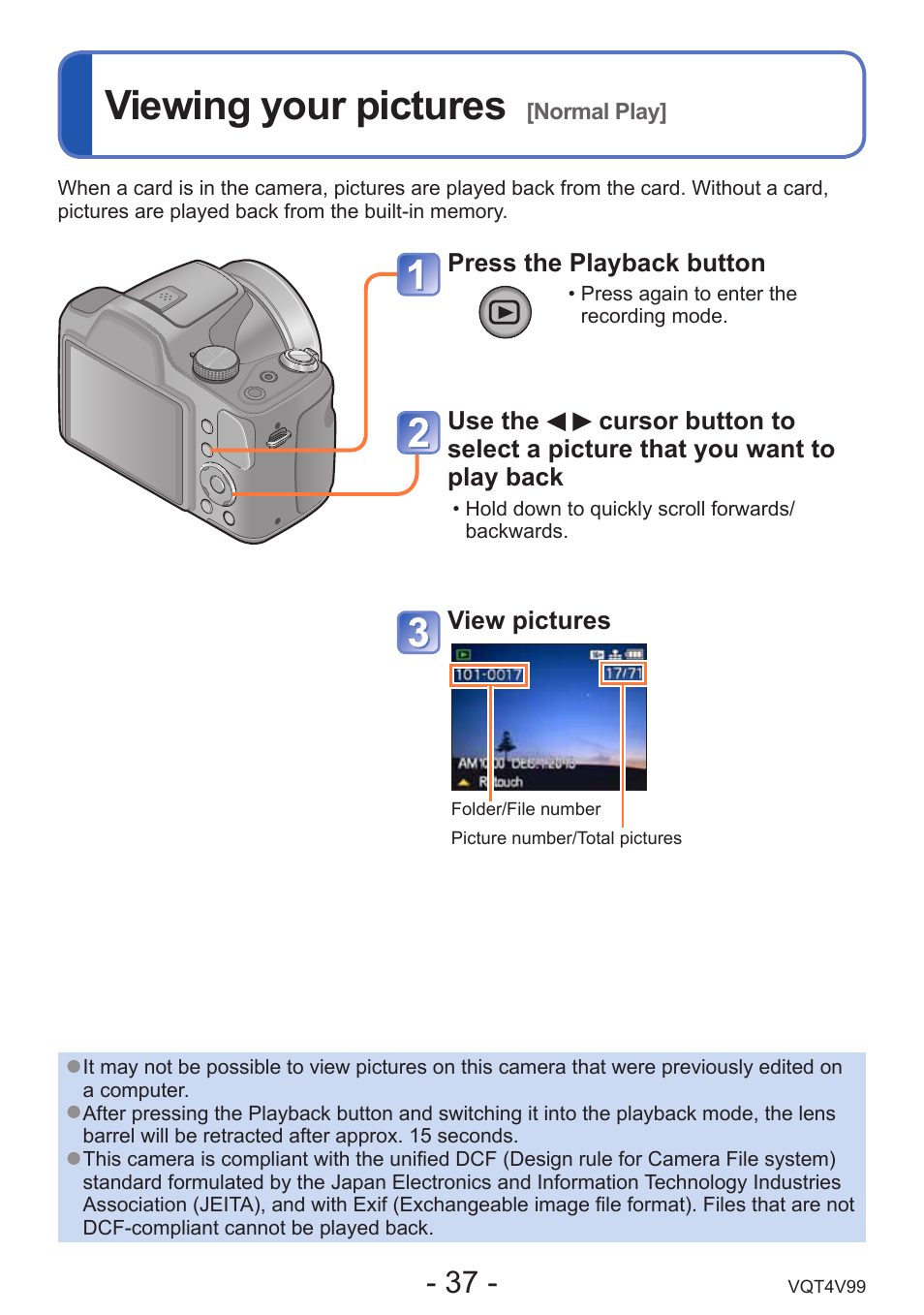 Viewing your pictures [normal play, Viewing your pictures | Panasonic DMC-LZ30K User Manual | Page 37 / 128