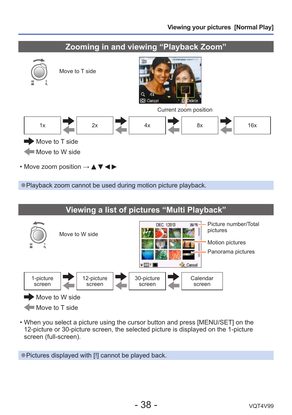 Zooming in and viewing “playback zoom, Viewing a list of pictures “multi playback | Panasonic DMC-LZ30K User Manual | Page 38 / 128