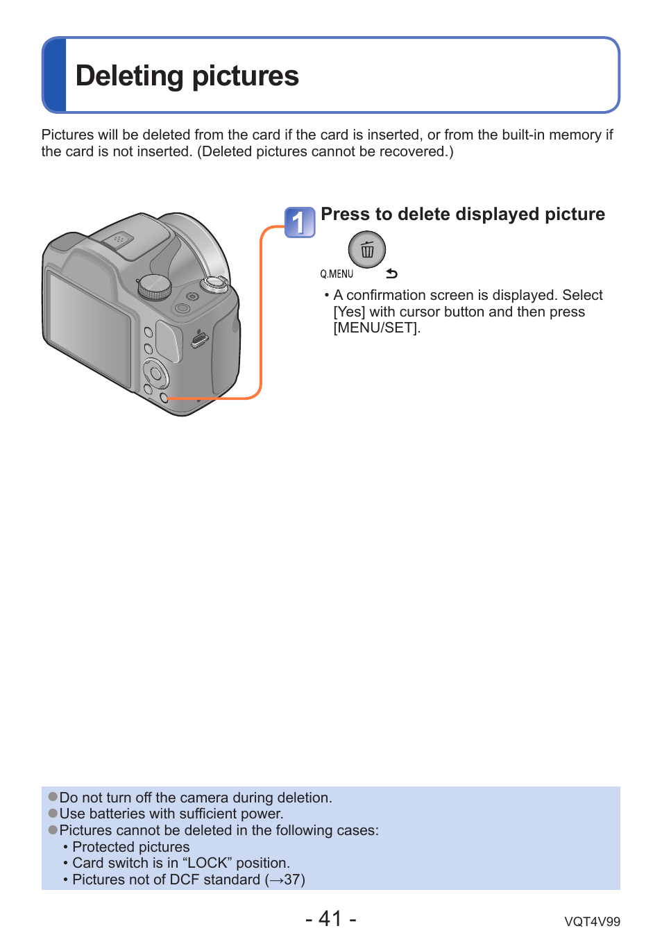 Deleting pictures, Pictures are deleted. (→41) | Panasonic DMC-LZ30K User Manual | Page 41 / 128