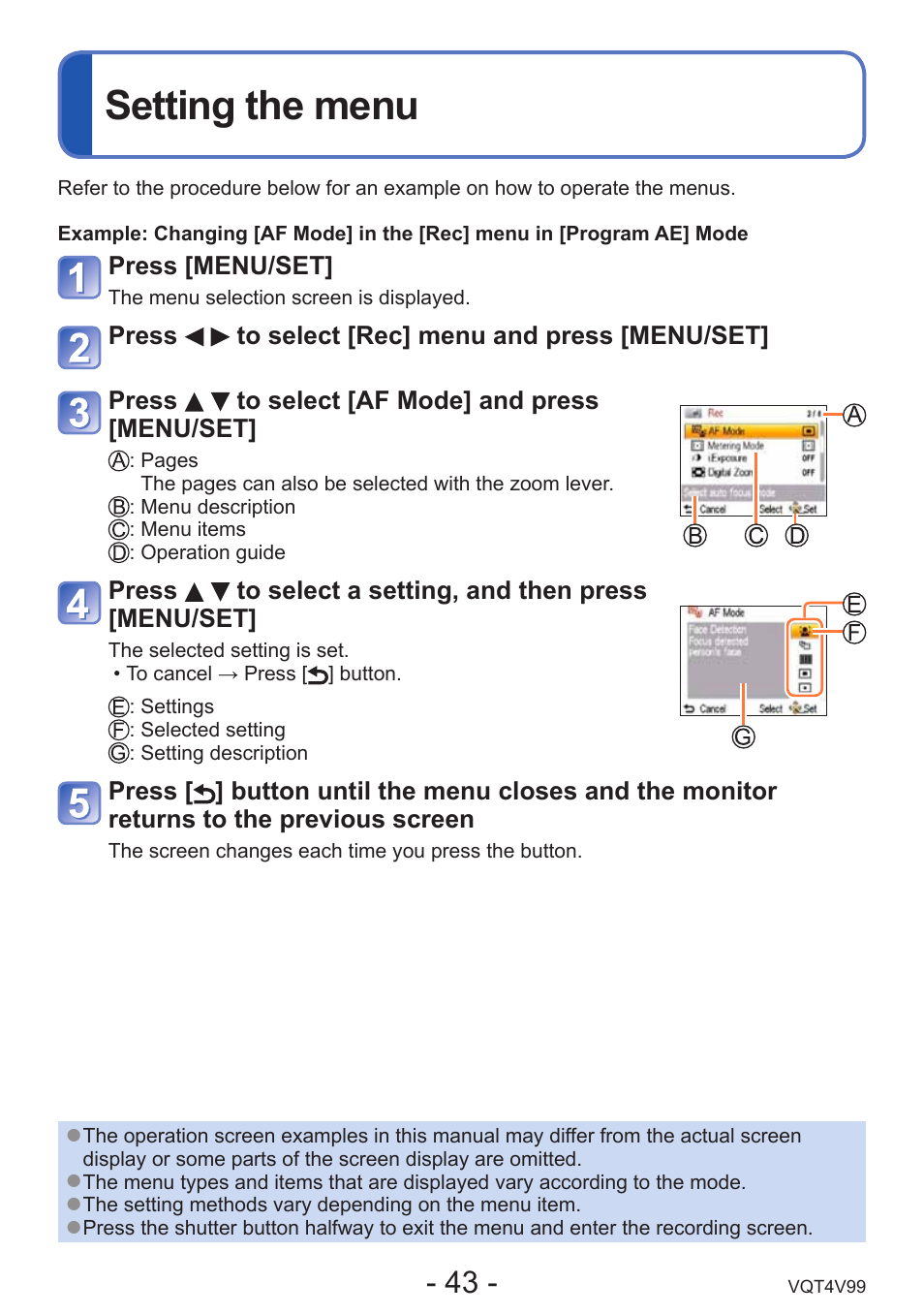 Setting the menu, Previous screen is restored. (→43), The settings, etc. (→43) | Panasonic DMC-LZ30K User Manual | Page 43 / 128