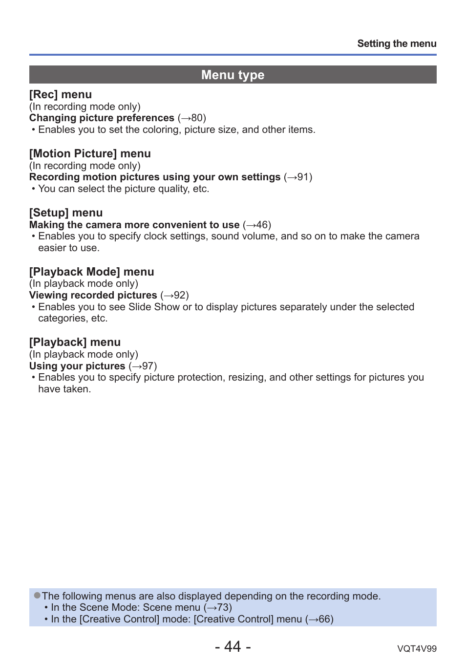 Menu type | Panasonic DMC-LZ30K User Manual | Page 44 / 128