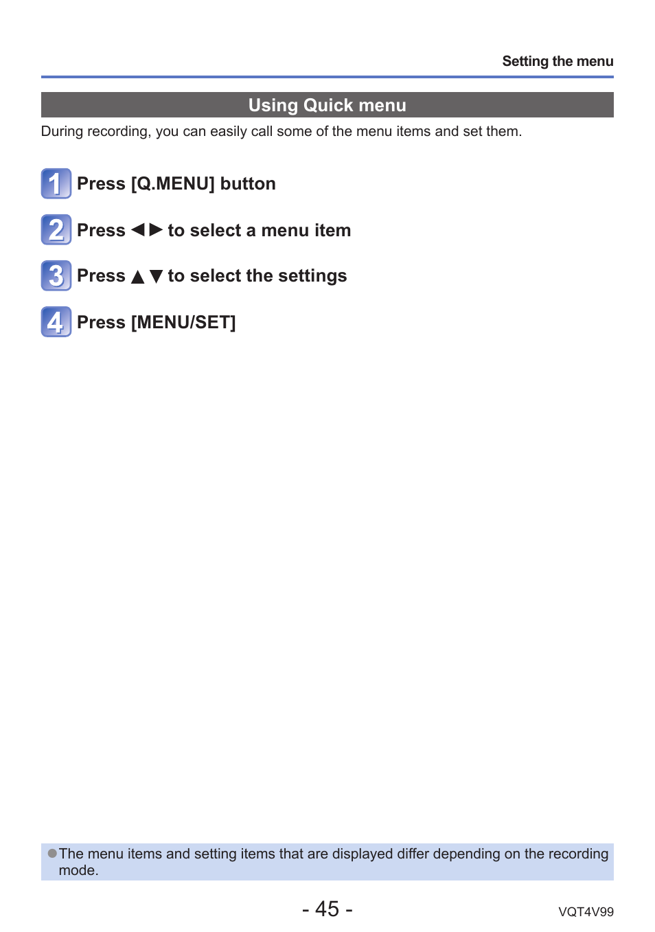 Using quick menu, Quick menu is displayed. (→45) | Panasonic DMC-LZ30K User Manual | Page 45 / 128