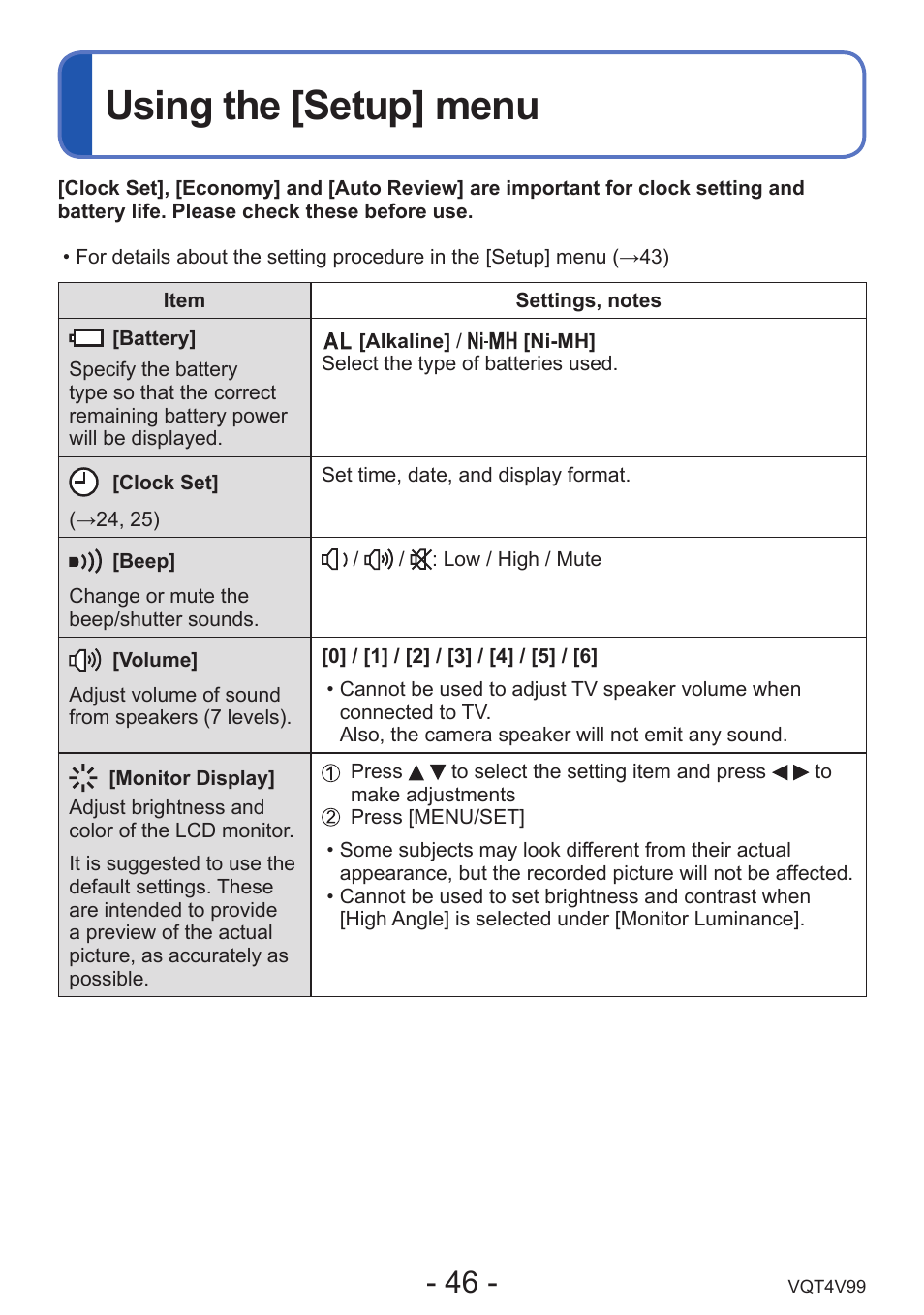 Using the [setup] menu, Battery, Clock set | Beep, Volume, Monitor display | Panasonic DMC-LZ30K User Manual | Page 46 / 128