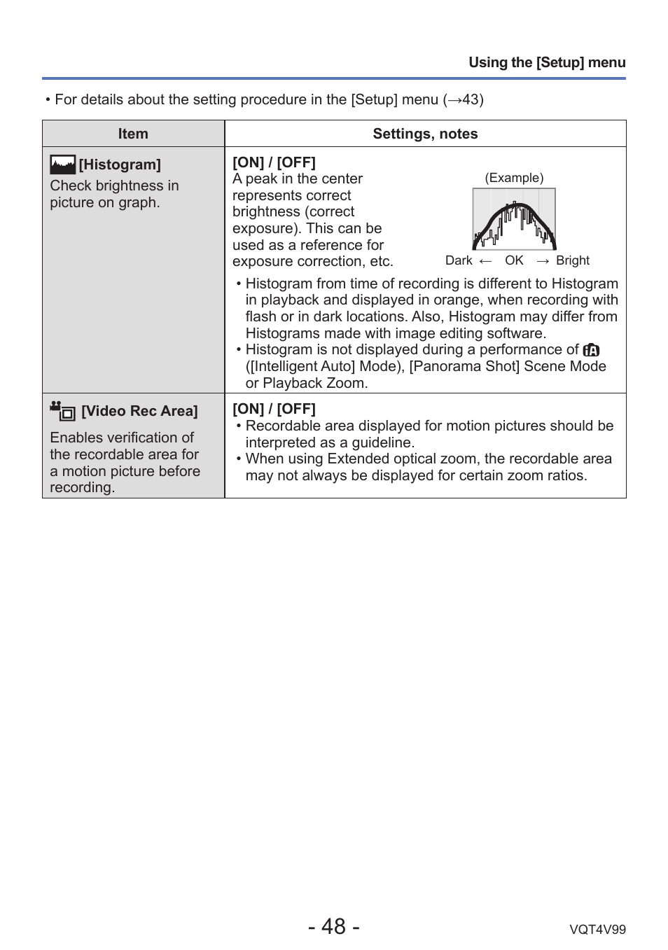 Histogram, Video rec area | Panasonic DMC-LZ30K User Manual | Page 48 / 128