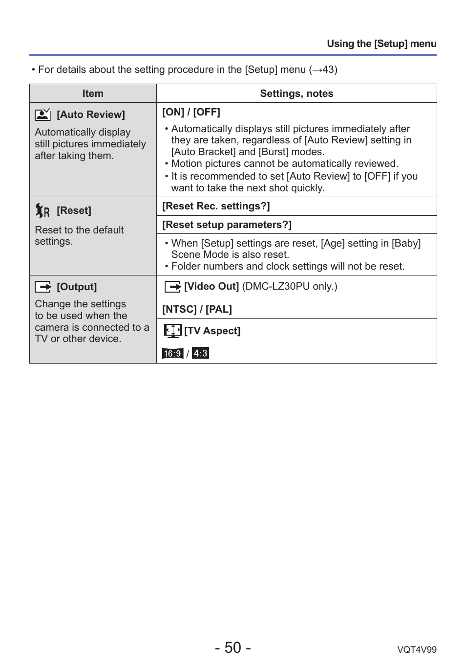Auto review, Reset, Output | Panasonic DMC-LZ30K User Manual | Page 50 / 128