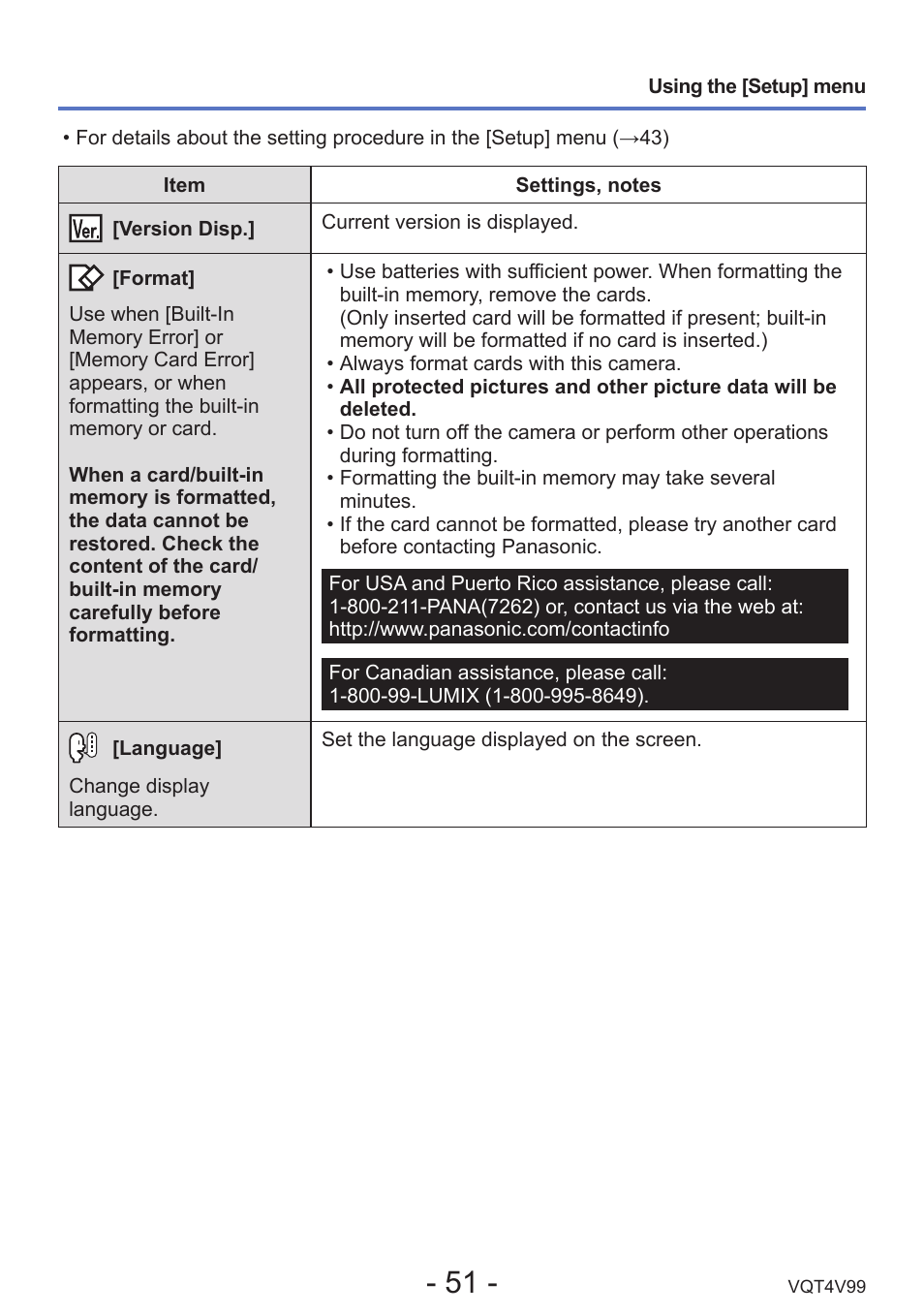 Version disp, Format, Language | Panasonic DMC-LZ30K User Manual | Page 51 / 128