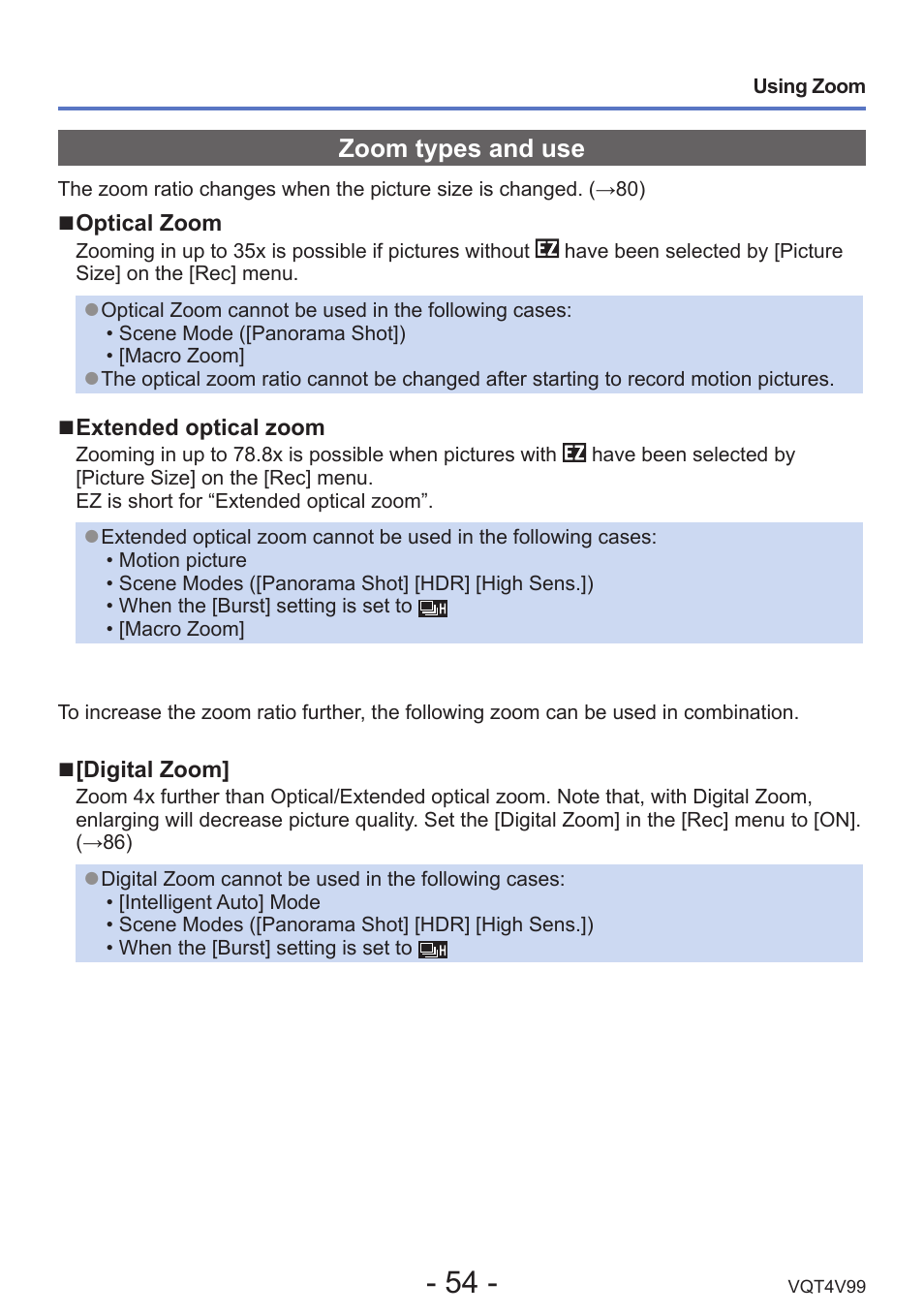 Zoom types and use | Panasonic DMC-LZ30K User Manual | Page 54 / 128