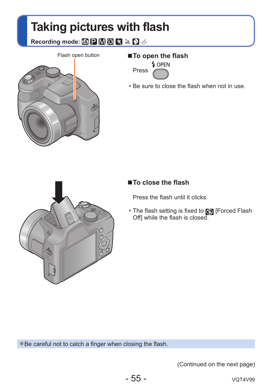 Taking pictures with flash | Panasonic DMC-LZ30K User Manual | Page 55 / 128