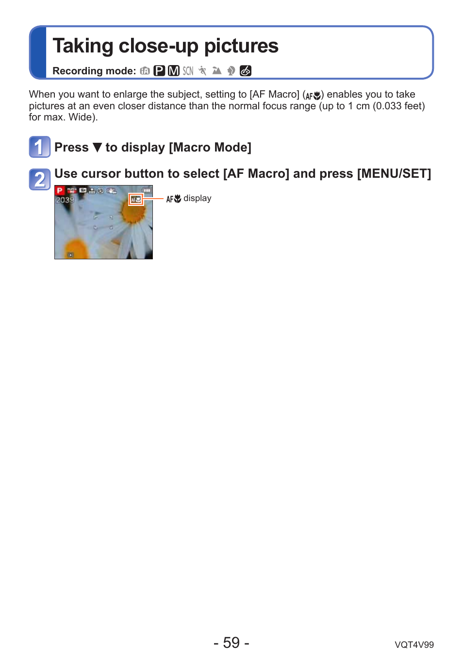 Taking close-up pictures, Macro mode etc. (→59) | Panasonic DMC-LZ30K User Manual | Page 59 / 128