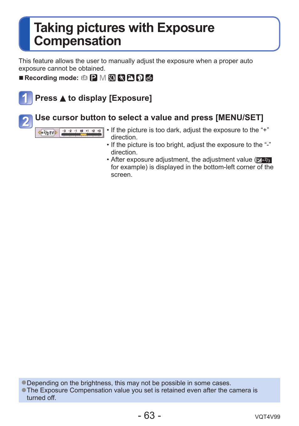 Taking pictures with exposure compensation, Bracket etc. (→63) | Panasonic DMC-LZ30K User Manual | Page 63 / 128