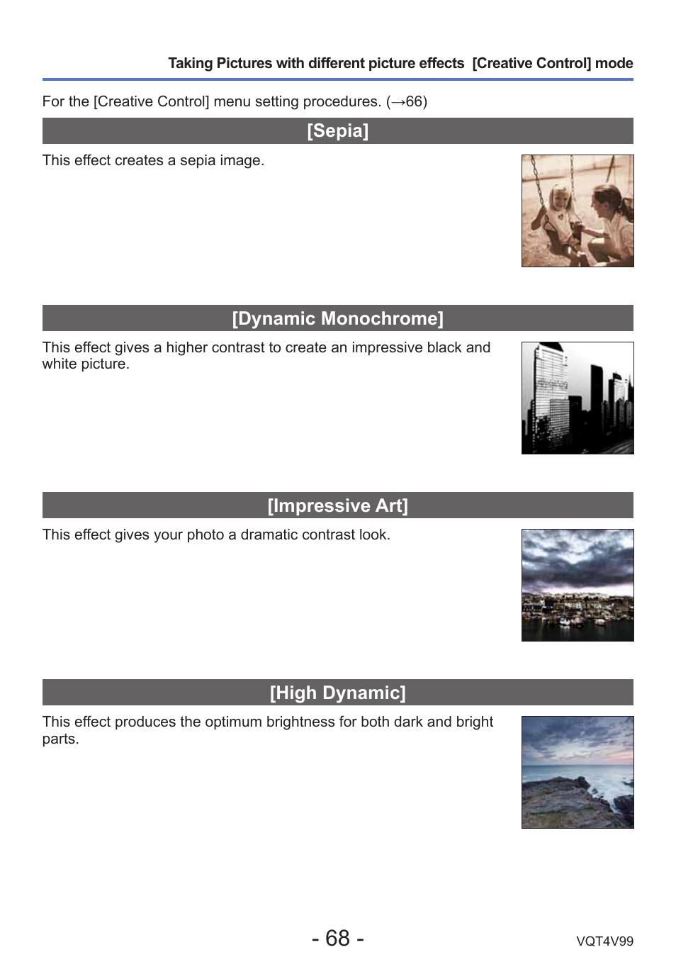 Sepia, Dynamic monochrome, Impressive art | High dynamic | Panasonic DMC-LZ30K User Manual | Page 68 / 128