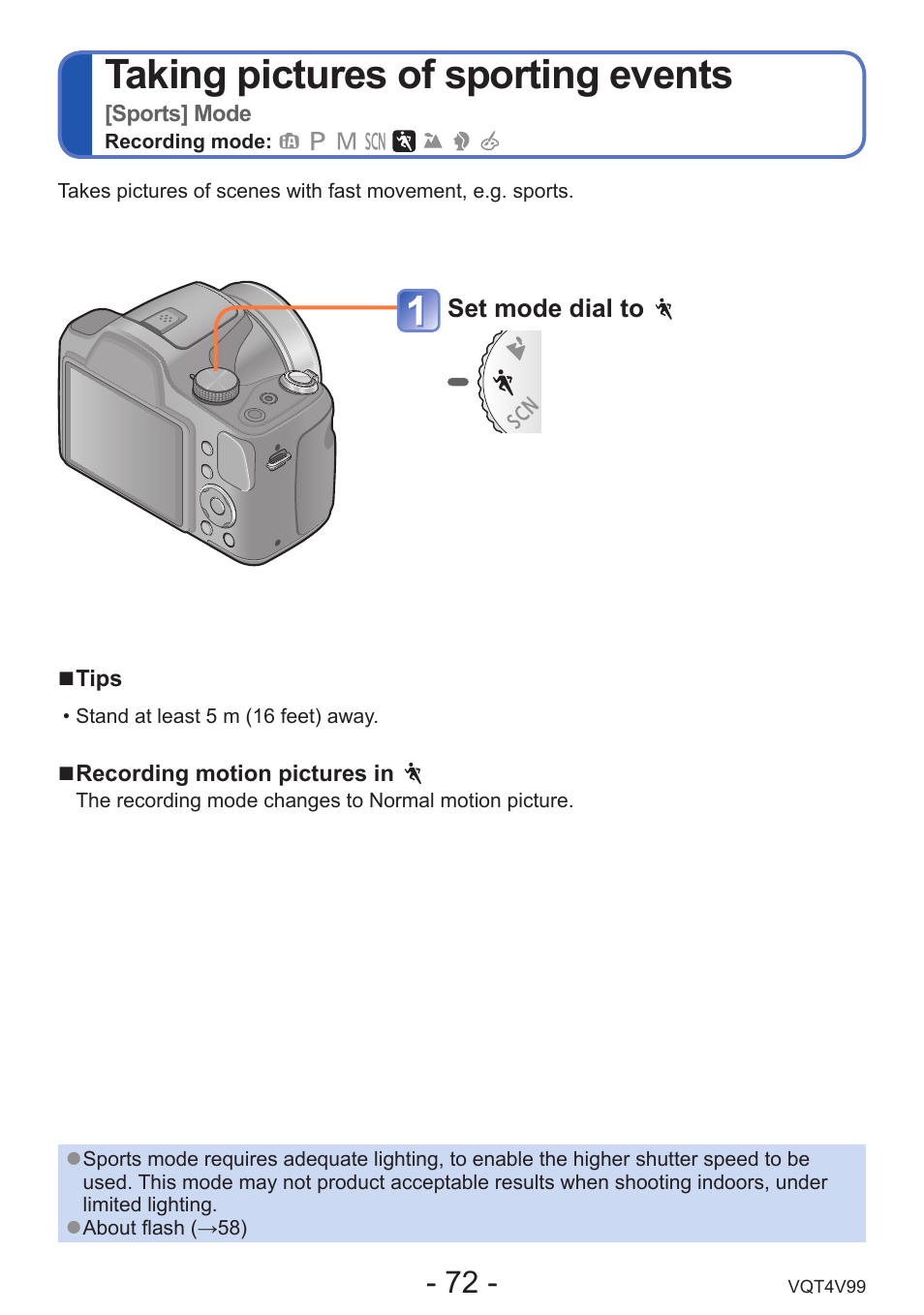 Taking pictures of sporting events [sports] mode, Taking pictures of sporting events | Panasonic DMC-LZ30K User Manual | Page 72 / 128