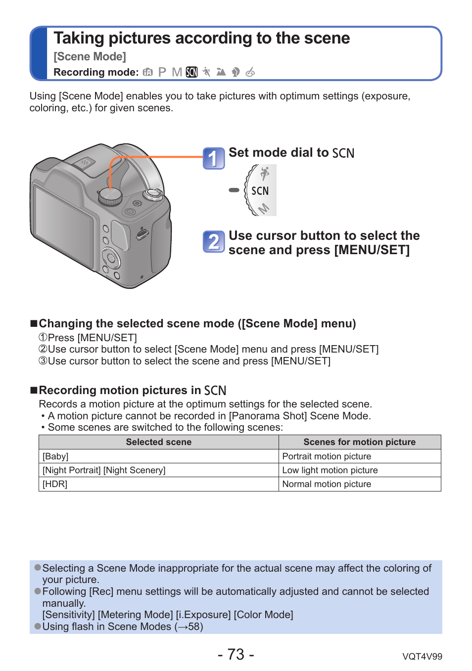 Taking pictures according to the scene [scene mode, Ake pictures according to scene. (→73), In the scene mode: scene menu (→73) | Taking pictures according to the scene | Panasonic DMC-LZ30K User Manual | Page 73 / 128