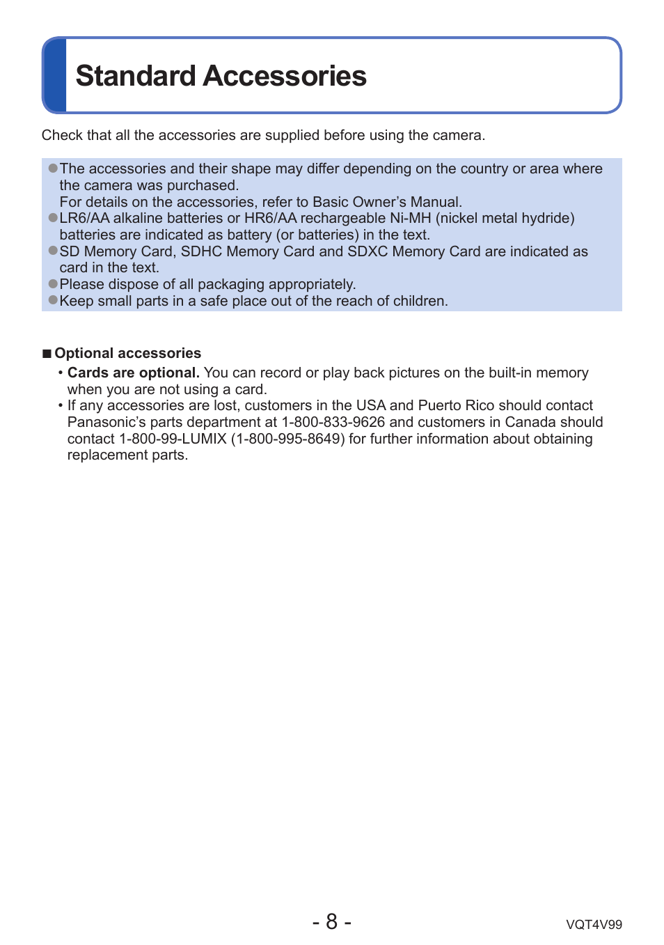 Standard accessories | Panasonic DMC-LZ30K User Manual | Page 8 / 128