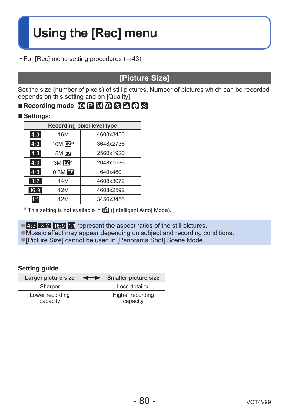 Using the [rec] menu, Picture size | Panasonic DMC-LZ30K User Manual | Page 80 / 128