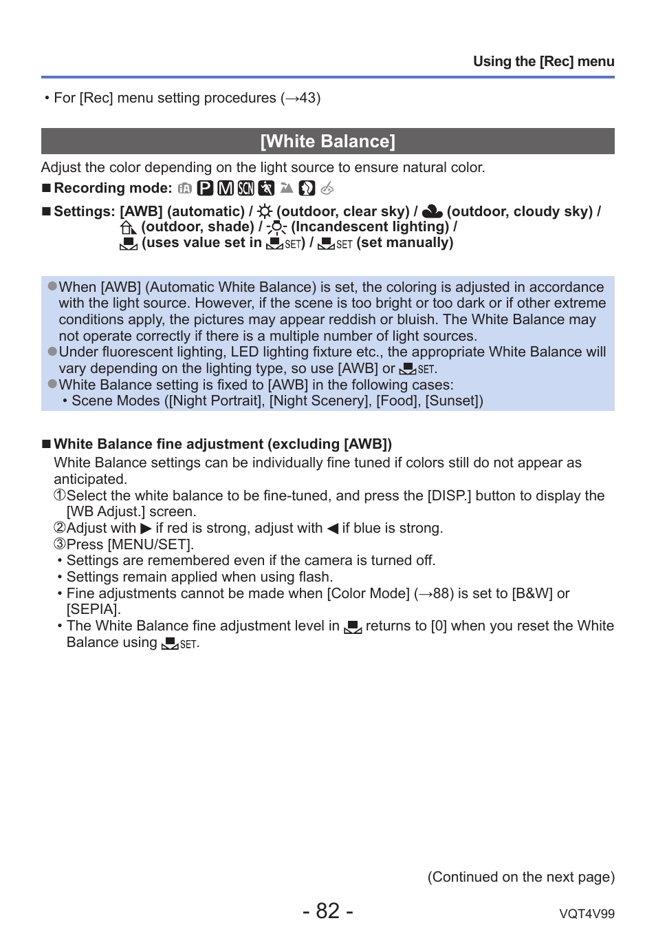 White balance | Panasonic DMC-LZ30K User Manual | Page 82 / 128
