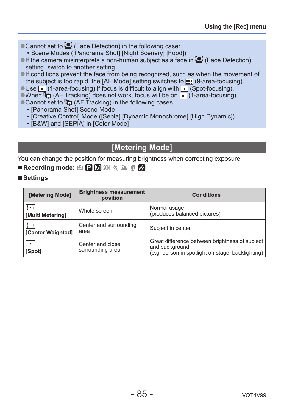 Metering mode | Panasonic DMC-LZ30K User Manual | Page 85 / 128