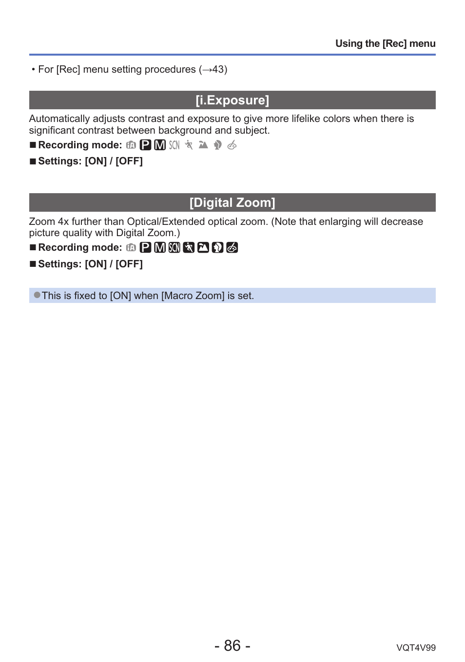 I.exposure, Digital zoom | Panasonic DMC-LZ30K User Manual | Page 86 / 128