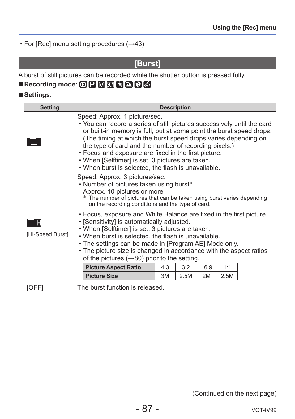 Burst | Panasonic DMC-LZ30K User Manual | Page 87 / 128