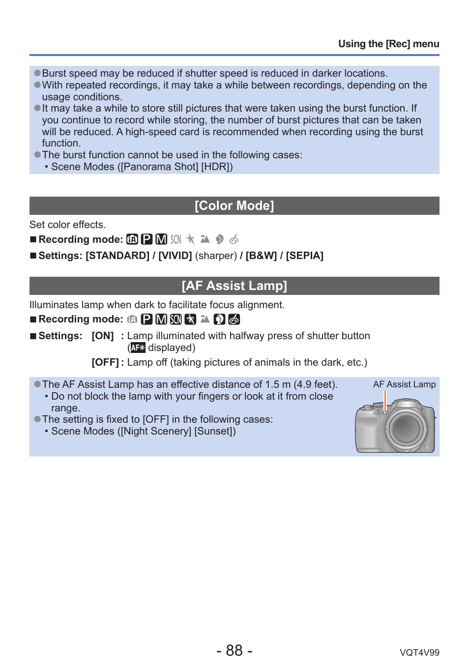 Color mode, Af assist lamp | Panasonic DMC-LZ30K User Manual | Page 88 / 128