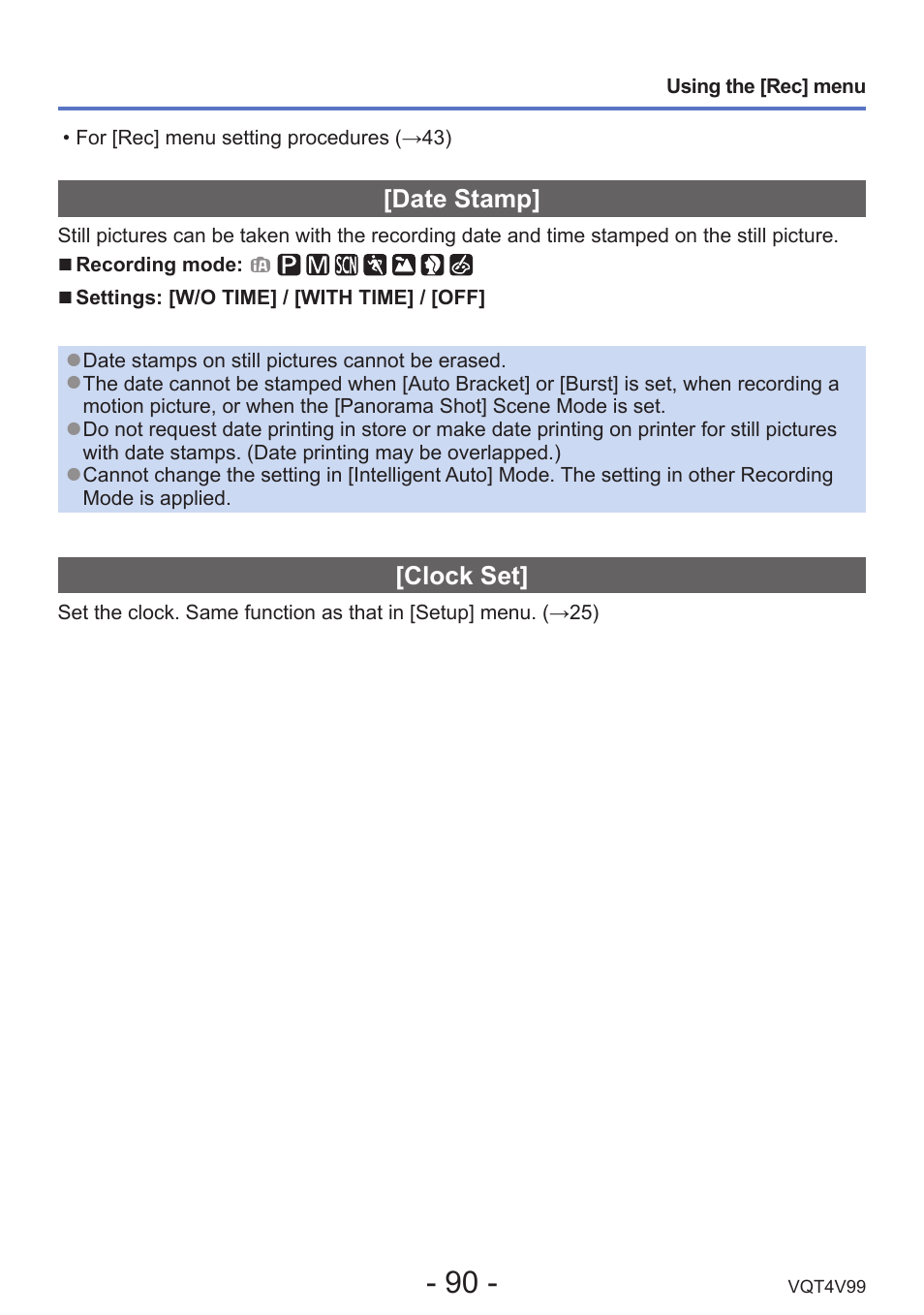 Date stamp, Clock set | Panasonic DMC-LZ30K User Manual | Page 90 / 128