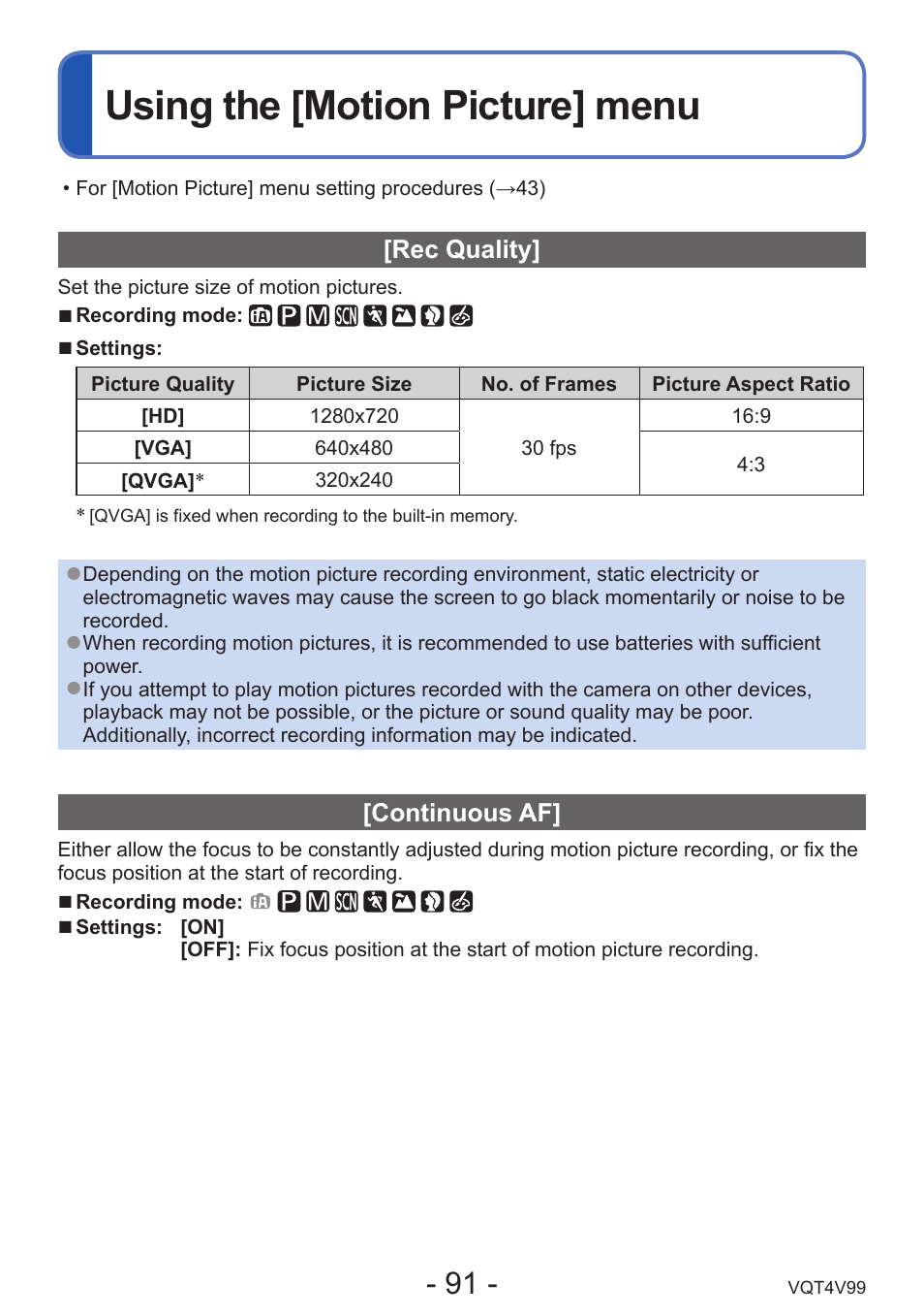 Using the [motion picture] menu, Rec quality, Continuous af | Panasonic DMC-LZ30K User Manual | Page 91 / 128