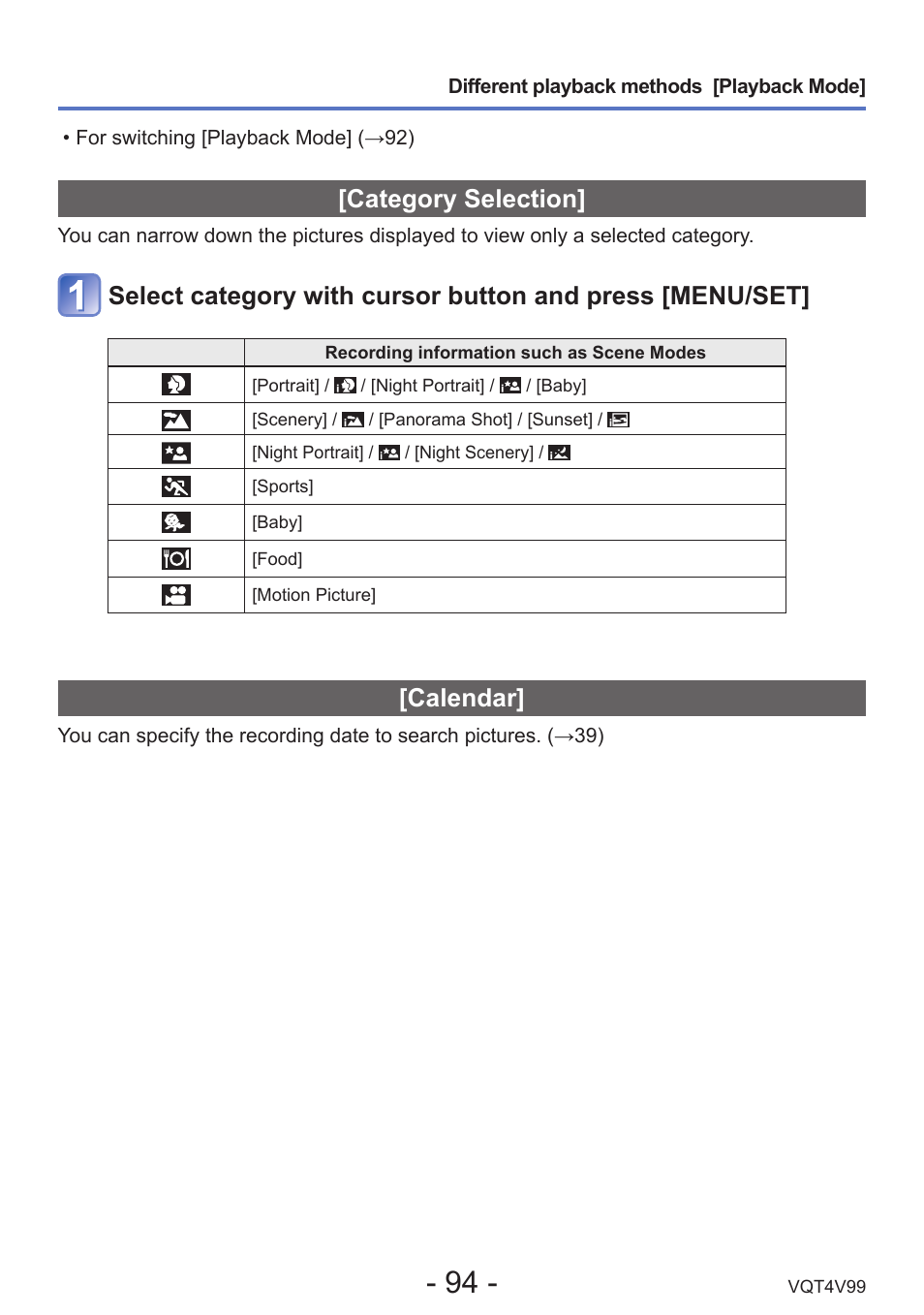 Category selection, Calendar, Category selection] (→94) | Panasonic DMC-LZ30K User Manual | Page 94 / 128