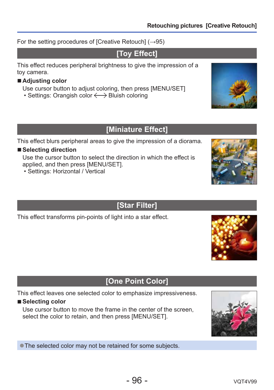 Toy effect, Miniature effect, Star filter | One point color | Panasonic DMC-LZ30K User Manual | Page 96 / 128