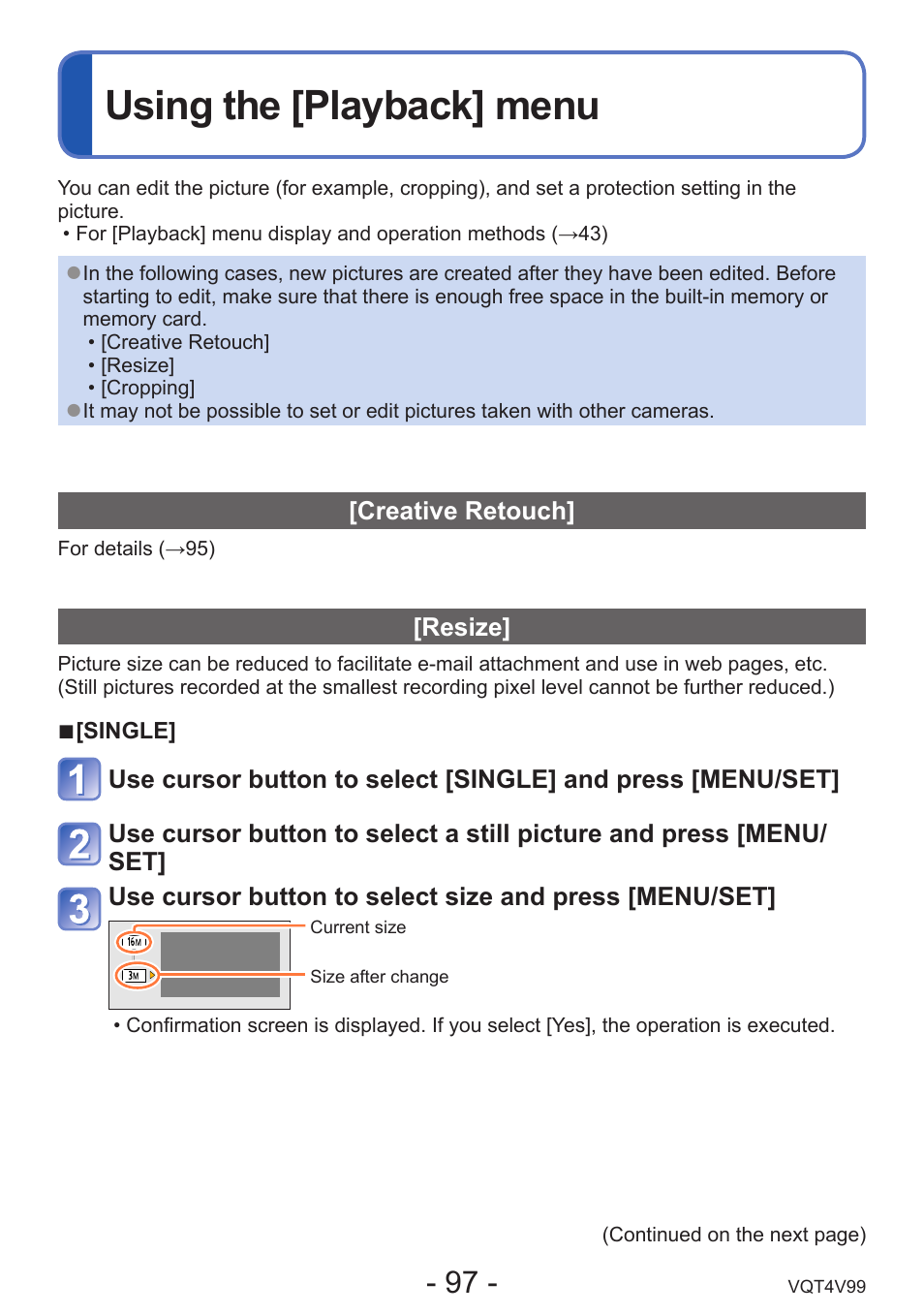 Using the [playback] menu, Creative retouch, Resize | Panasonic DMC-LZ30K User Manual | Page 97 / 128