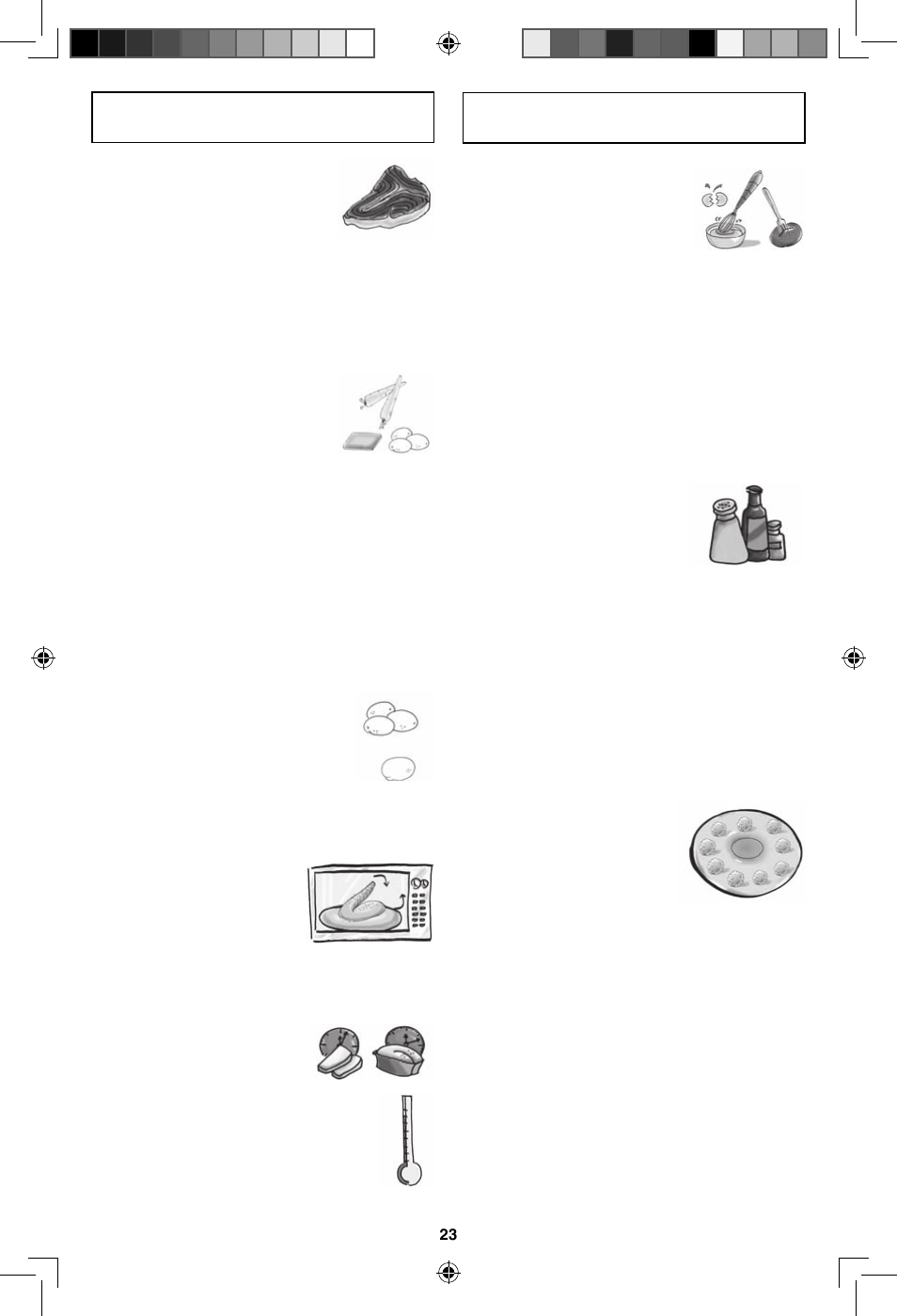 Food characteristics, Cooking techniques, Bone and fat | Density, Quantity, Shape, Size, Starting temperature, Piercing, Browning | Panasonic NN-SN643S User Manual | Page 25 / 32