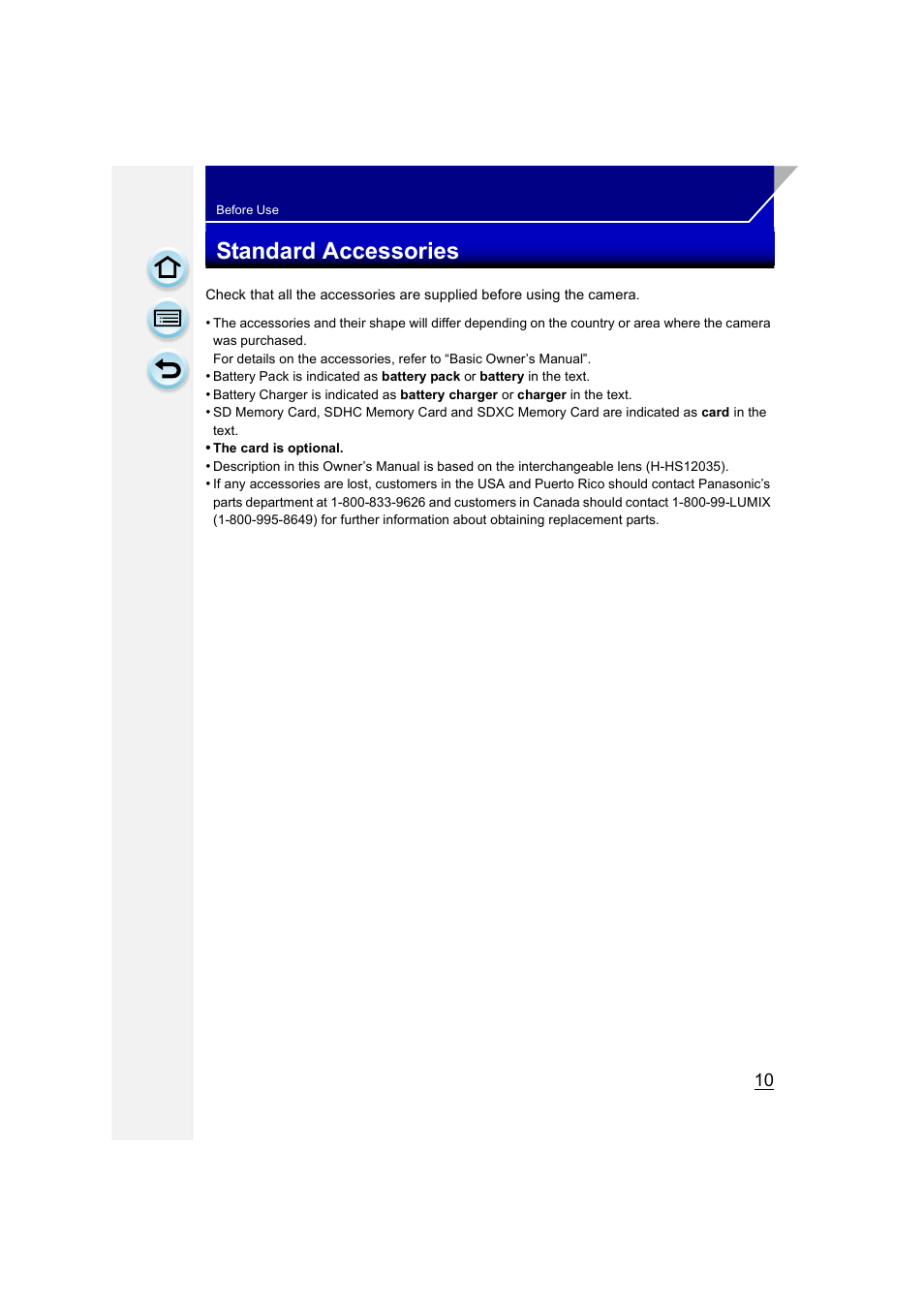 Standard accessories | Panasonic DMC-GH3KBODY User Manual | Page 10 / 319