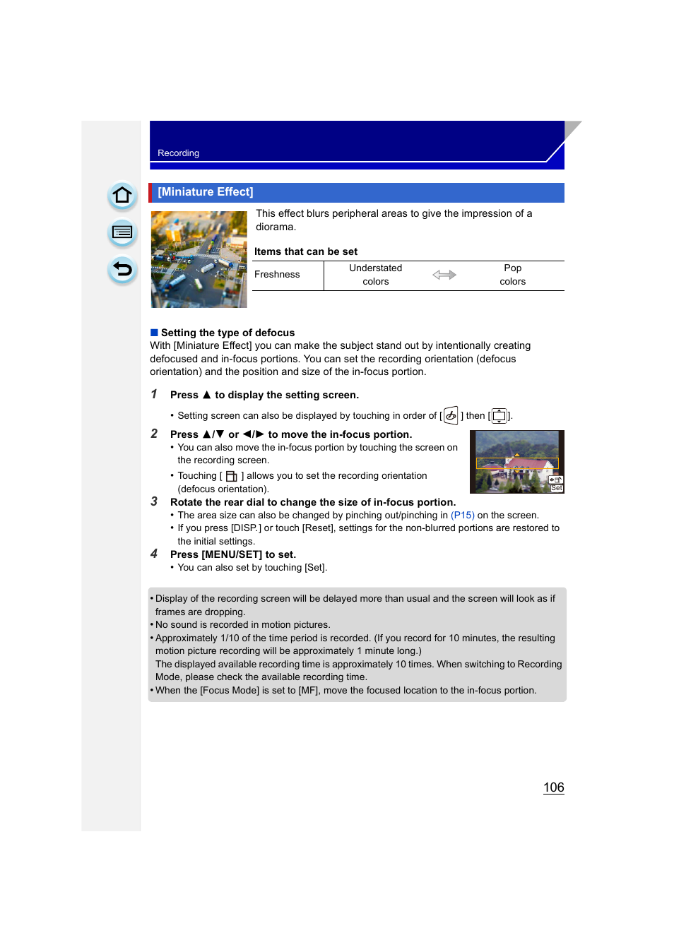 Miniature effect | Panasonic DMC-GH3KBODY User Manual | Page 106 / 319