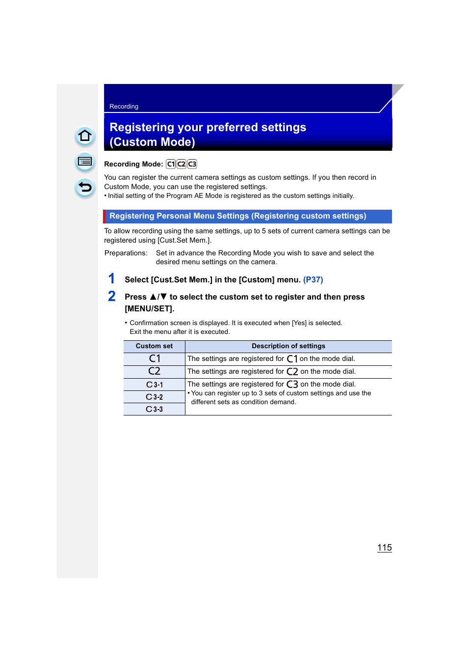 Registering your preferred settings (custom mode), P115, P115) | Panasonic DMC-GH3KBODY User Manual | Page 115 / 319