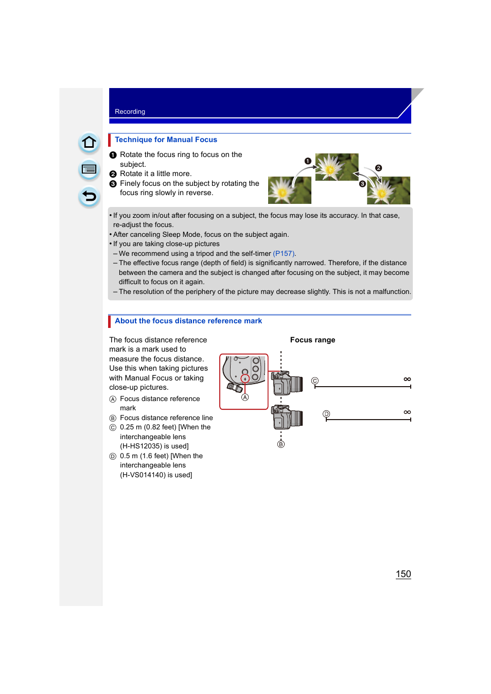 P150), About the focus distance reference mark, P150 | Panasonic DMC-GH3KBODY User Manual | Page 150 / 319