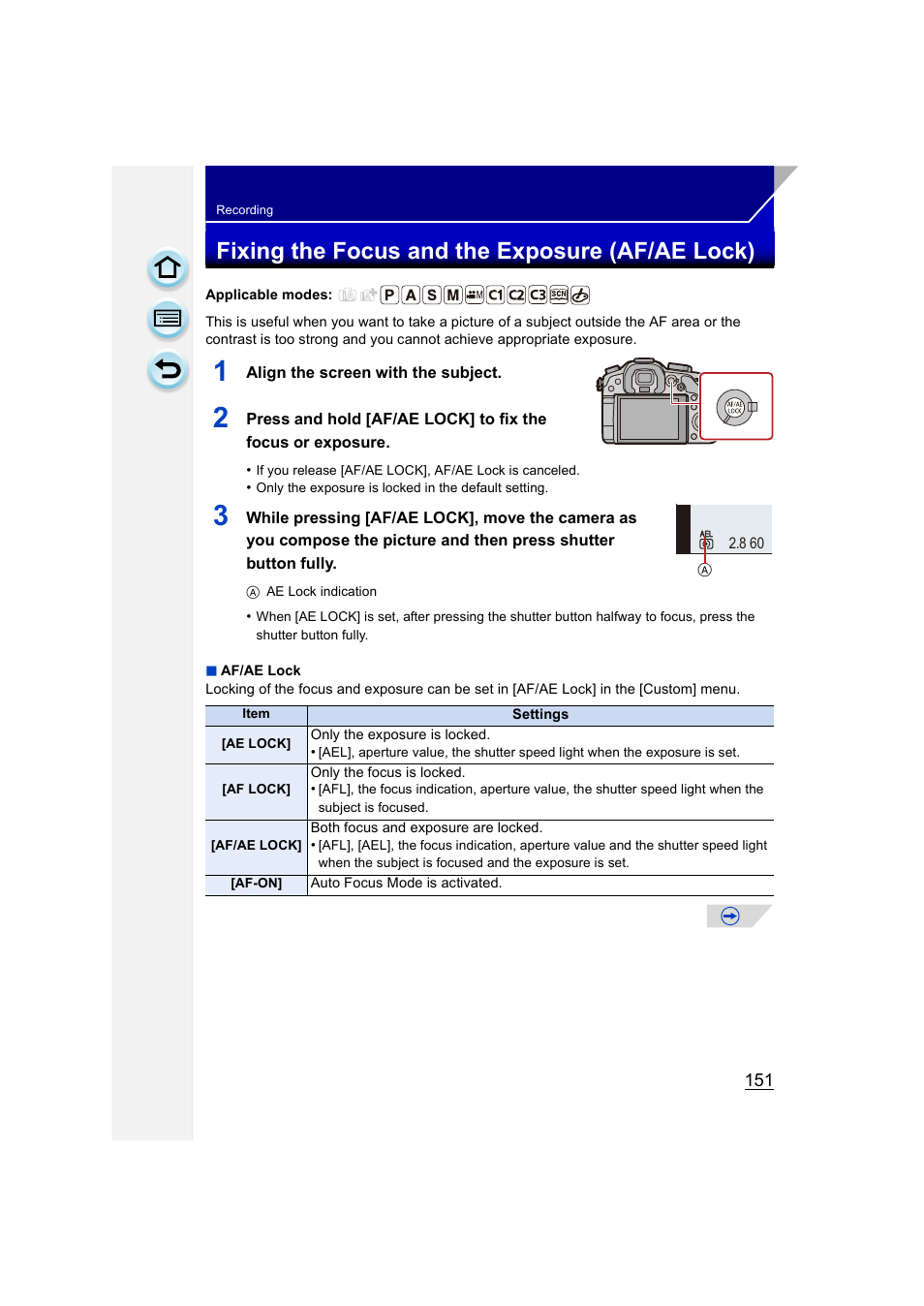 Fixing the focus and the exposure (af/ae lock), P151), P151 | Panasonic DMC-GH3KBODY User Manual | Page 151 / 319