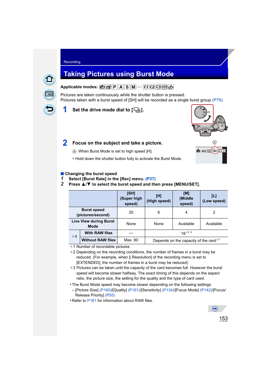 Taking pictures using burst mode, P153) | Panasonic DMC-GH3KBODY User Manual | Page 153 / 319
