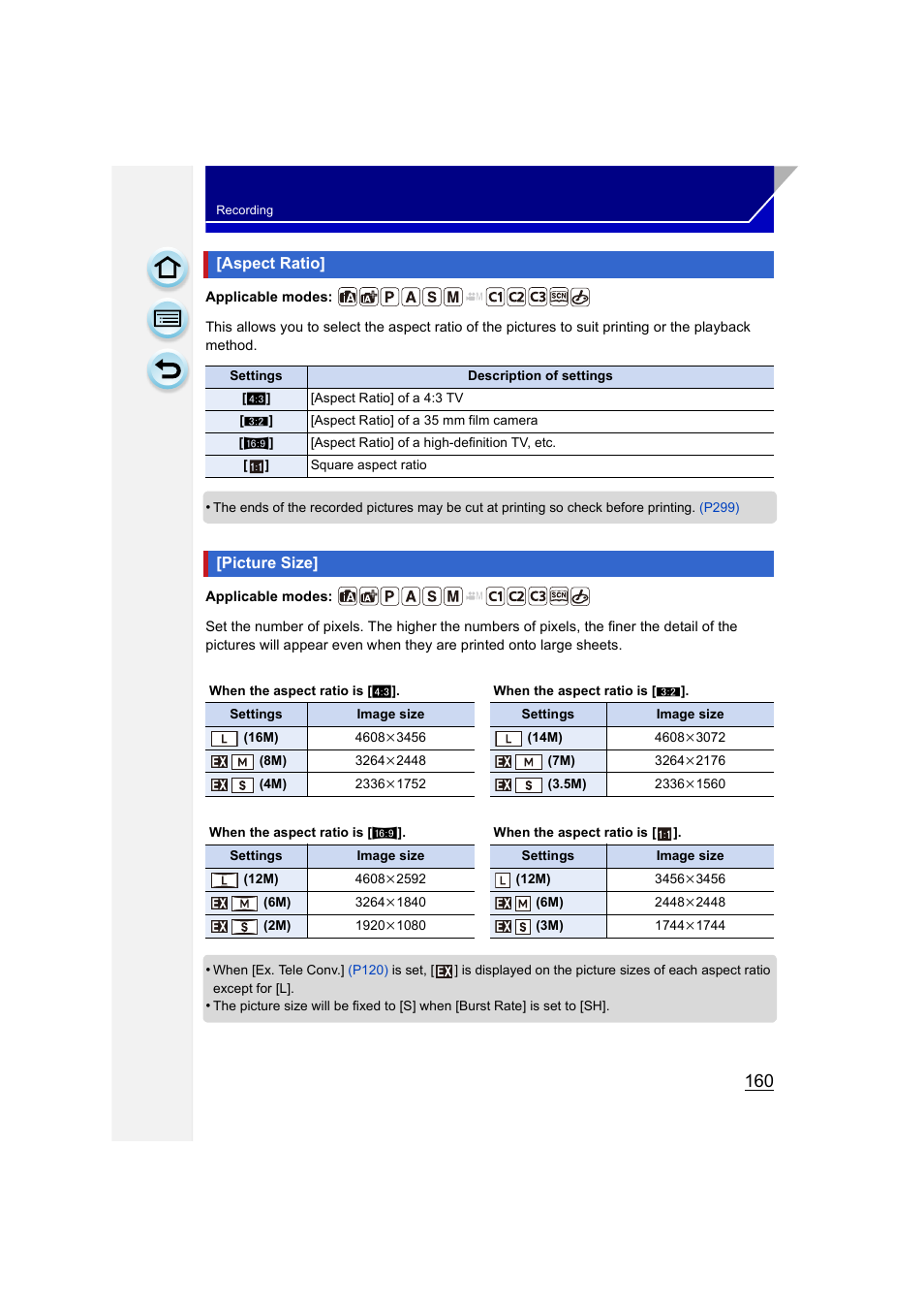 Aspect ratio, Picture size, Aspect ratio] • [picture size | P160) | Panasonic DMC-GH3KBODY User Manual | Page 160 / 319