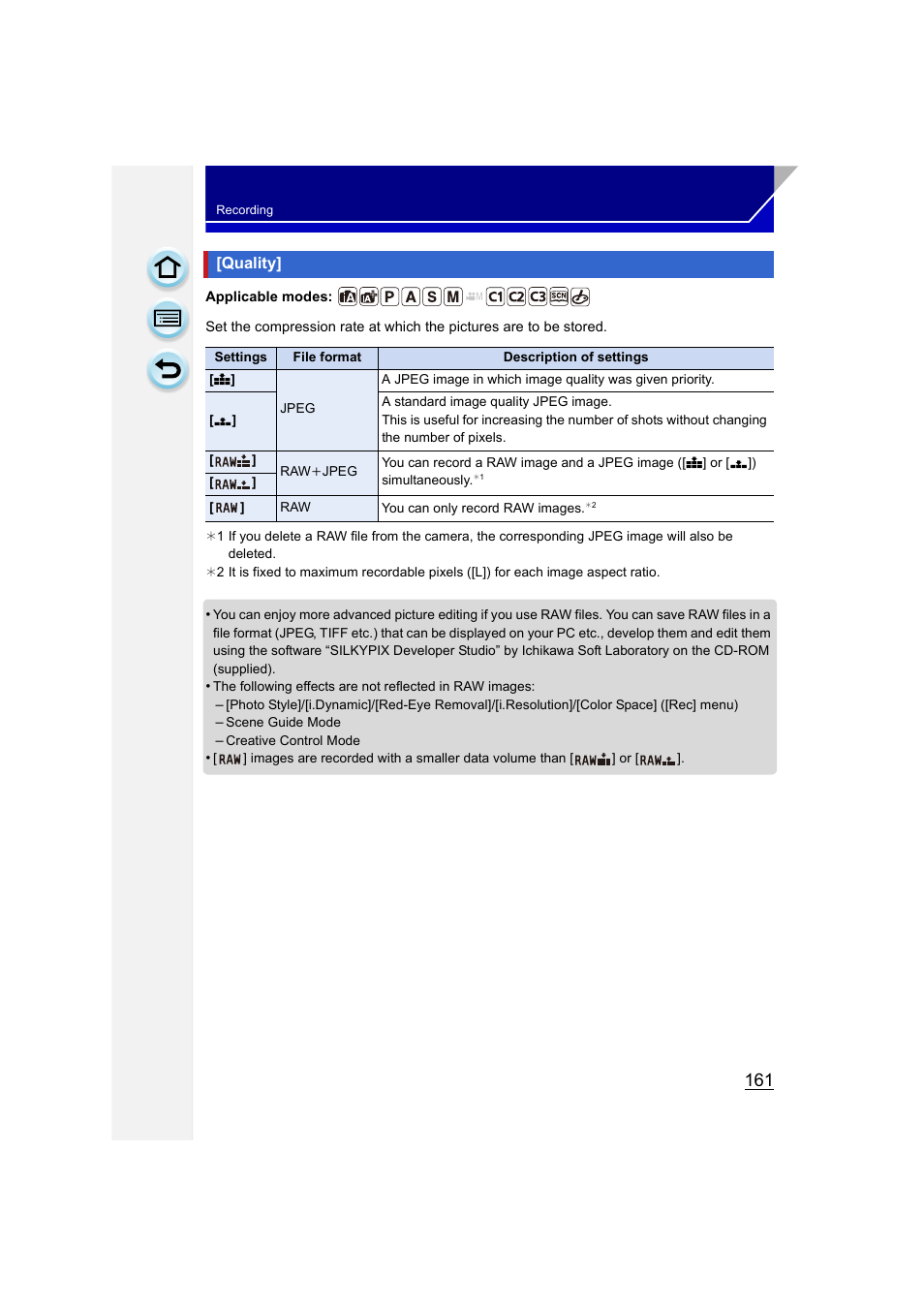 Quality, P161), P161 | Panasonic DMC-GH3KBODY User Manual | Page 161 / 319