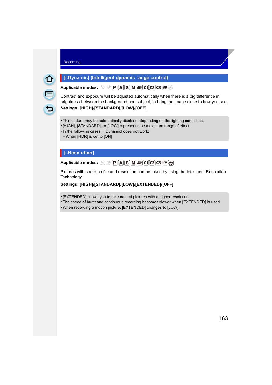 I.dynamic] (intelligent dynamic range control), I.resolution, P163) | Panasonic DMC-GH3KBODY User Manual | Page 163 / 319