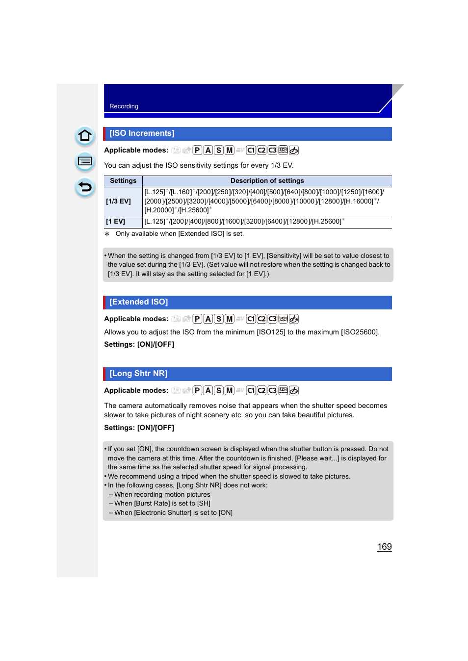 Iso increments, Extended iso, Long shtr nr | Iso increments] • [extended iso] • [long shtr nr, P169), Menu | Panasonic DMC-GH3KBODY User Manual | Page 169 / 319