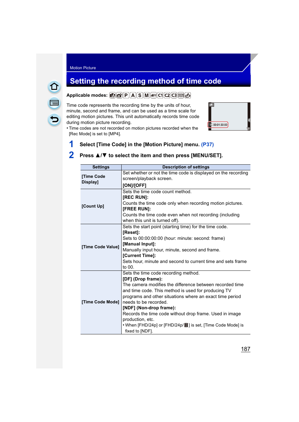 Setting the recording method of time code | Panasonic DMC-GH3KBODY User Manual | Page 187 / 319