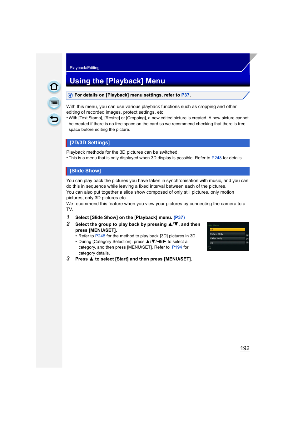Playback/editing, Using the [playback] menu, 2d/3d settings | Slide show, 2d/3d settings] • [slide show, P192 | Panasonic DMC-GH3KBODY User Manual | Page 192 / 319