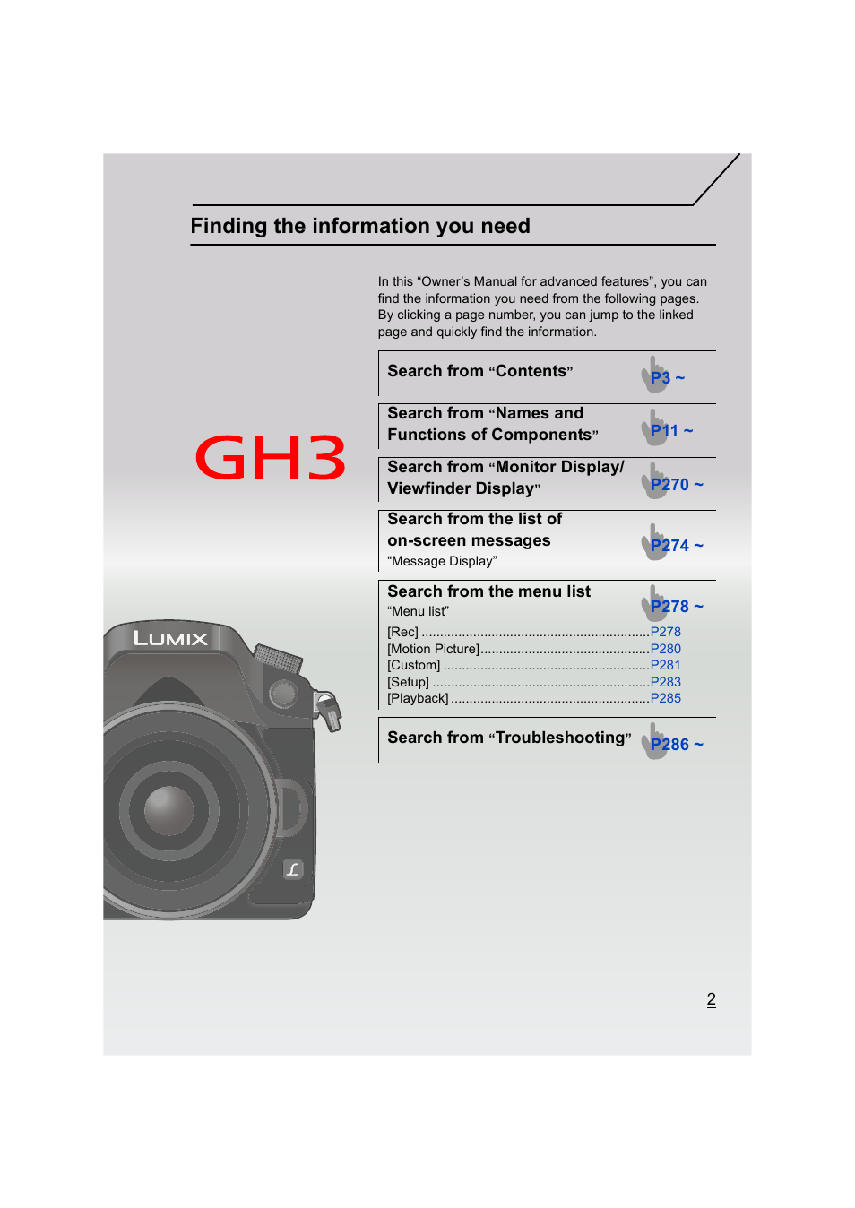 Finding the information you need | Panasonic DMC-GH3KBODY User Manual | Page 2 / 319