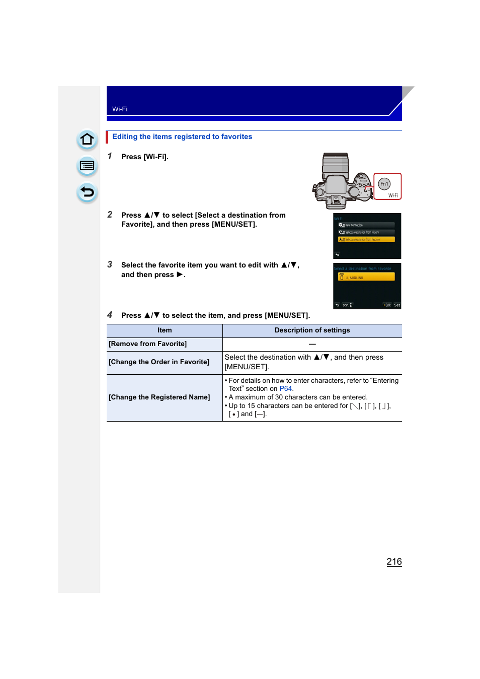 Editing the items registered to favorites, P216) | Panasonic DMC-GH3KBODY User Manual | Page 216 / 319