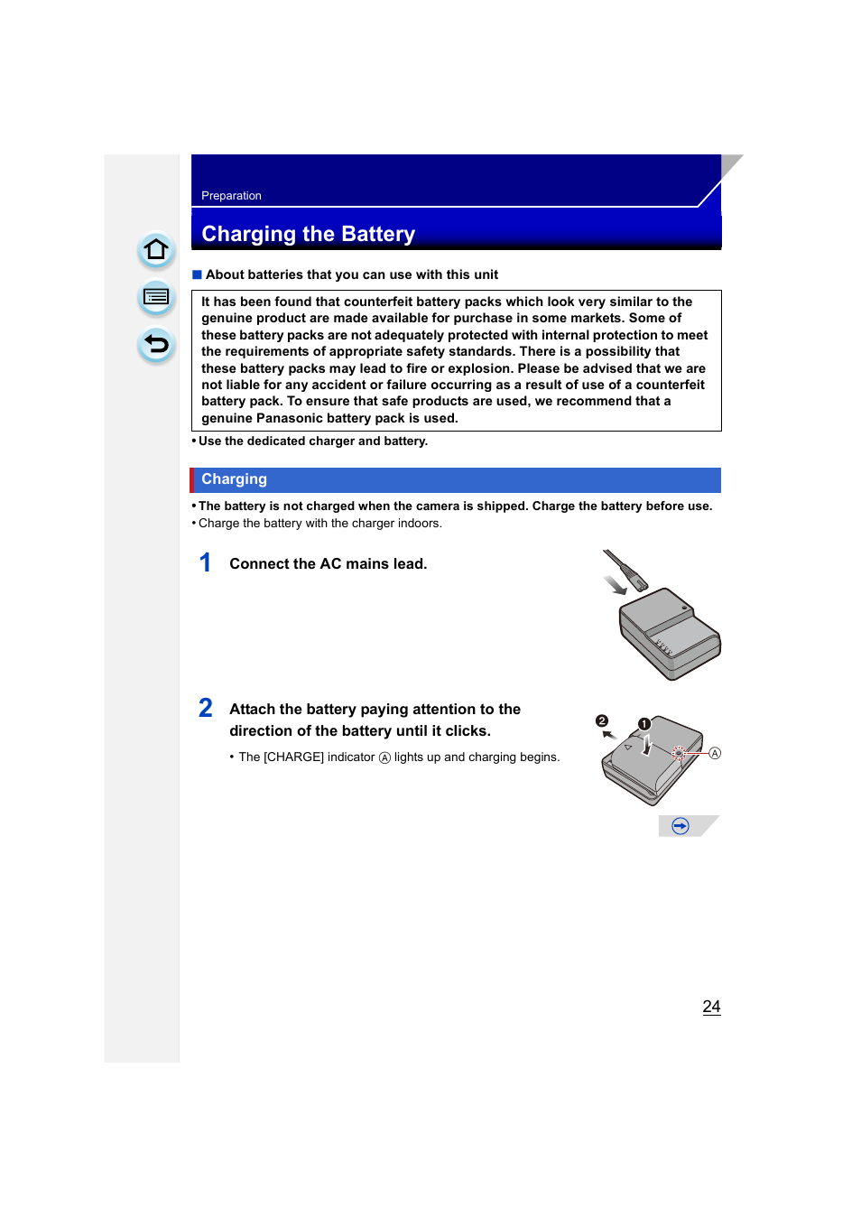 Charging the battery, Charging | Panasonic DMC-GH3KBODY User Manual | Page 24 / 319