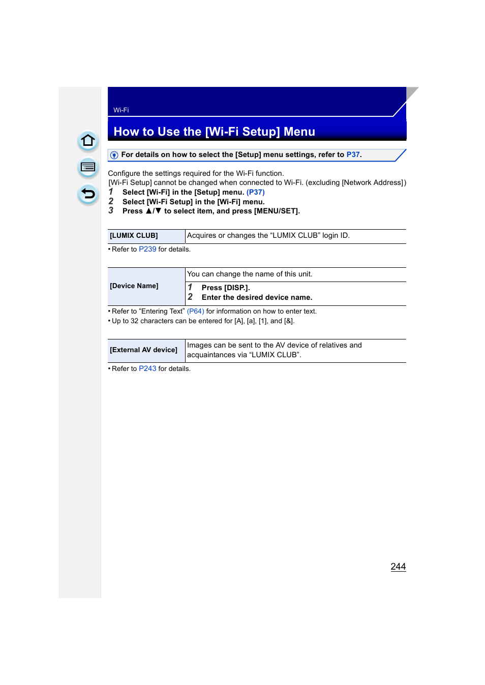 How to use the [wi-fi setup] menu, P244), Menu | Panasonic DMC-GH3KBODY User Manual | Page 244 / 319