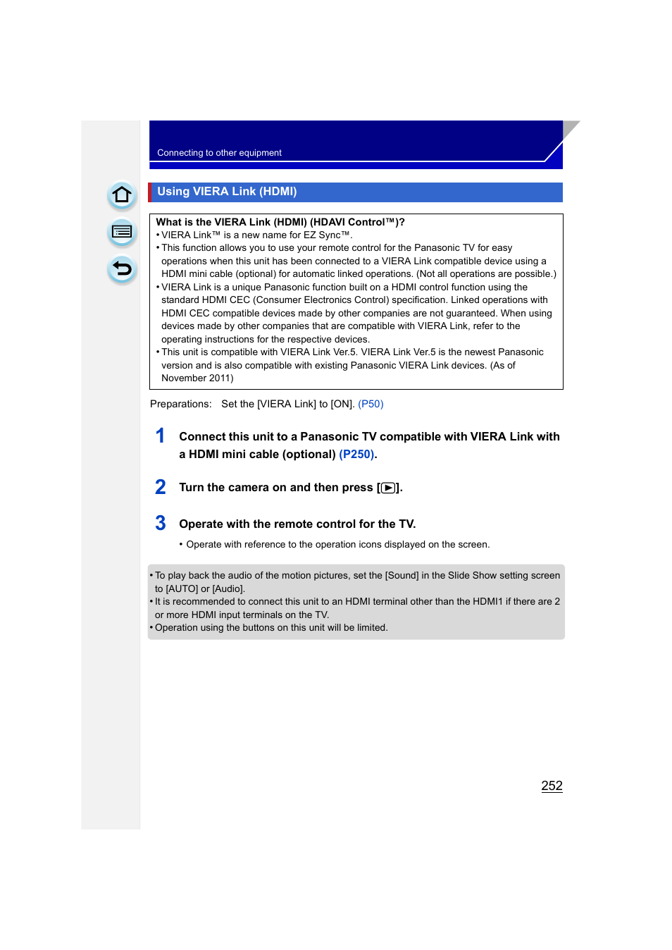 Using viera link (hdmi), P252, P252) | Panasonic DMC-GH3KBODY User Manual | Page 252 / 319