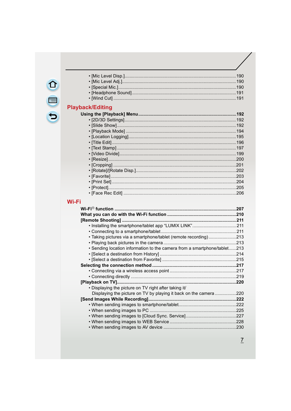 Playback/editing, Wi-fi | Panasonic DMC-GH3KBODY User Manual | Page 7 / 319